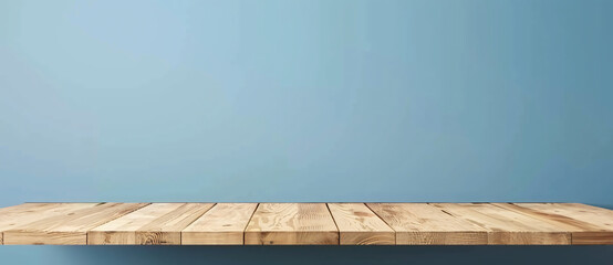 Poster - Empty light wooden table top with blue wall background for product display montage, minimalistic interior design