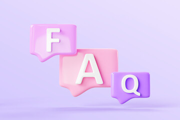 Poster - FAQ speech bubbles on purple background 3d render icons. Social media questions and answers, square communication think balloons. Text dialog frames, chat message boxes with ask signs. 3D illustration