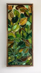 Poster - A vertical picture frame on a white wall featuring an abstract foliage painting with vibrant greens and earthy browns. The leaves are depicted with fluid brushstrokes, creating a sense of motion and