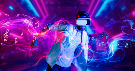 Wall Mural - Caucasian man moving to music while using virtual reality glasses. Energetic person with casual cloth enjoy dancing while enter metaverse or simulated world surrounded with music notes. Deviation.