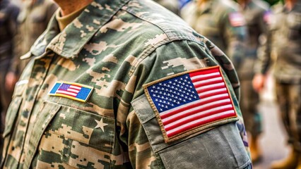 Close-up of a military uniform decorated with american flag patches, stars and stripes detail