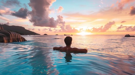 Wall Mural - Young Man Enjoying Vacation at Tropical Seychelles Beach and Infinity Pool Sunset, La Digue Island