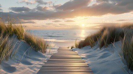 3D rendering of a wooden path leading to the sea, dunes with grasses and sand in the background, sunset sky, golden hour, realistic, detailed, concept art.