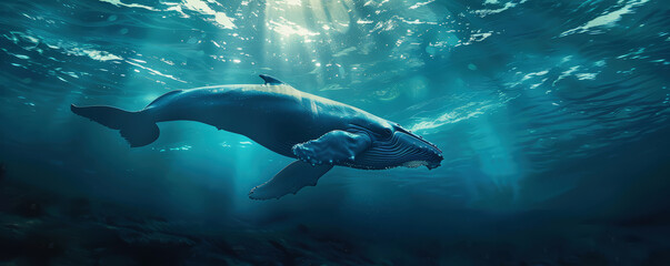 Wall Mural - Big Whale swimming underwater under sea life with sunbeams