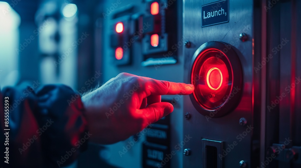 A psychopath man pressing the nuclear launch glowing red button which ...