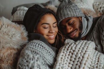 affectionate couple embracing tenderly on cozy sofa dressed in cozy winter attire lifestyle photography