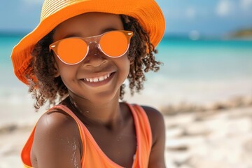 carefree black child enjoys summer beach vacation with stylish sun protection