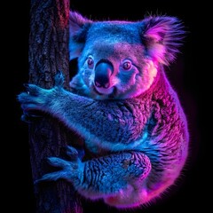 Wall Mural - Neon Koala Clinging to Tree with Vibrant Fur and Glowing Silhouette on Dark Background