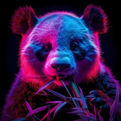 Wall Mural - Neon Panda Feasting on Bamboo Against Isolated Black Background with Glowing Fur and Vibrant Details