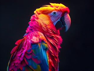 Wall Mural - Neon Parrot Perched on Black Background with Vibrant Colorful Feathers and Sharp Beak