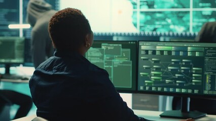 Poster - cyber security expert working on encryption and it security in a governmental agency. woman engaging