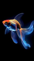 Wall Mural - Vibrant Neon Goldfish Swimming Against Alluring Black Background