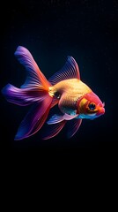 Wall Mural - Neon Goldfish with Flowing Vibrant Scales Swimming in Ethereal Black Background