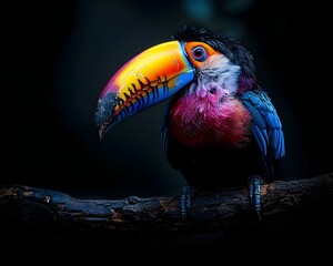 Poster - Neon Toucan with Vivid Beak Perched on Branch Against Black Background