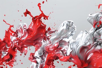 Wall Mural - Crimson and silver 3D ink splash creating dynamic abstract art with fluid motion, captured in vivid detail