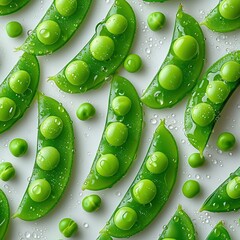 Wall Mural - Scattered green peas and leaves on white background. Fresh Green pea pods with green leaves on white, top view. Fresh green peas and spinach leaves
