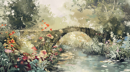 Wall Mural - A painting of a bridge over a river with a bridge in the foreground