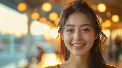 A young woman with long dark hair smiles brightly at the camera, standing in a warm, brightly lit setting.