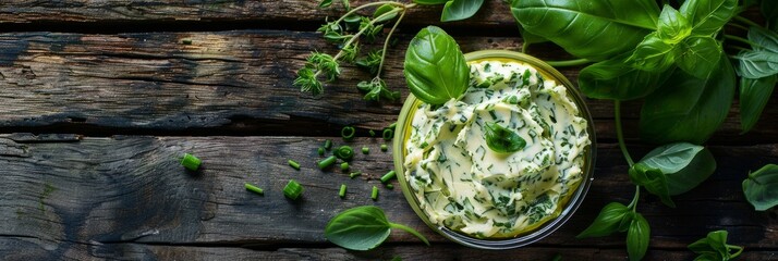 Wall Mural - A close-up view of a bowl of creamy herb butter with chives, basil, oregano, and parsley on a rustic wooden table