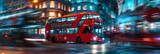 Red double-decker bus in a bright city at night, illuminated by streetlights and city lights, creating a vibrant scene