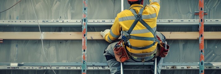 Wall Mural - A construction worker wearing a safety harness and helmet climbs a ladder at a construction site