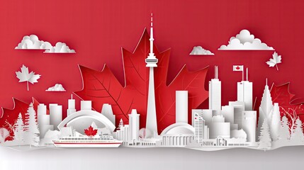 canada day celebration illustration on a maple leaf flag background with canadian landmarks in toron