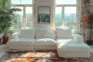 Poster - White Living Room with Sofa and Plants