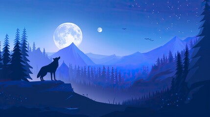 wolf howls at full moon blue nature landscape