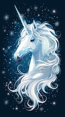  White unicorn vector head with mane and horn. Unicorn on starry background.

