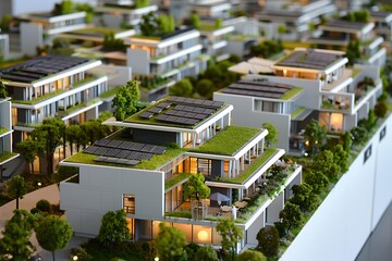 Wall Mural - A modern architectural model of a sustainable living complex with green roofs and solar panels