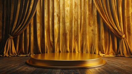 Wall Mural - a golden podium against a plush curtain background, providing a luxurious and elegant setting for showcasing products.