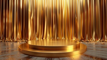 Wall Mural - a sleek golden podium with a luxurious curtain background, emphasizing a high-end, elegant setting for product display