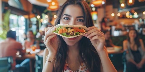 Happy woman eating tacos during lunch with friends in Mexican restaurant