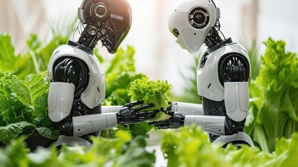 Two robots harvesting lettuce in a greenhouse, representing automation and technology in agriculture.