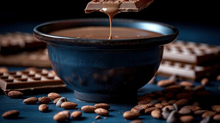 Wall Mural -   A piece of chocolate is being drizzled over a bowl of almond-laden chocolate