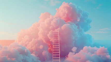 Wall Mural - 3D rendering of a minimal ladder leading up in the style of clouds against a pastel background. The ladder ascends toward billowing forms evocative of cumulus clouds in a soft color palette.