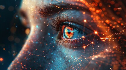 Canvas Print - an eye surrounded by AI digital connections and data points, showcasing the role of human vision in advanced face ID technology.