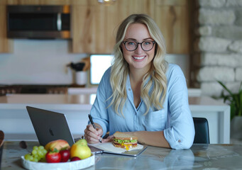 Wall Mural - A young blonde woman with glasses is smiling while working on her laptop in the kitchen