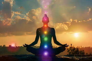 Wall Mural - concept of meditation and spiritual practice, expanding of consciousness, chakras and astral body ac