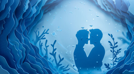 Wall Mural - Cut-out paper background of a gay man couple kissing on wedding day on blue background