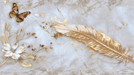 Wall Mural - Marble panel with golden feather, blooming flower, and butterfly silhouettes, exuding warmth and sophistication, perfect for adding a touch of luxury to any space