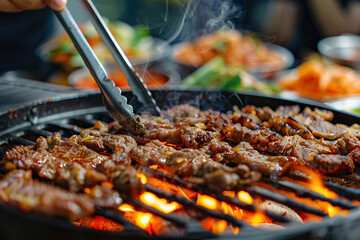 A pair of tongs flipping marinated meat slices on a Korean bbq hot grill with flames and smoke