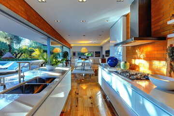 Canvas Print - Modern Kitchen with White Walls and Wooden Table