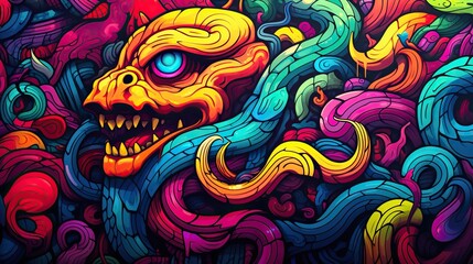 Poster - A psychedelic pattern of snakes in neon colors and abstract shapes  