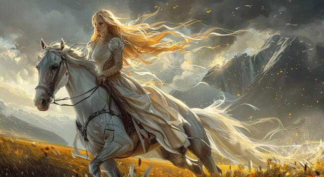 Beautiful woman riding a white horse, her long blonde hair flowing in the wind