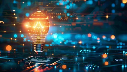 Poster - A light bulb is lit up on a circuit board. AI.
