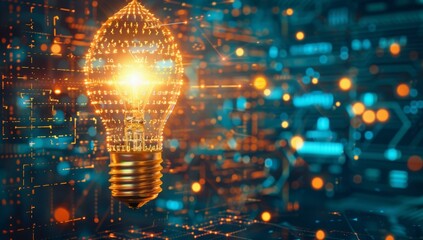 Poster - A light bulb is lit up on a digital background. AI.