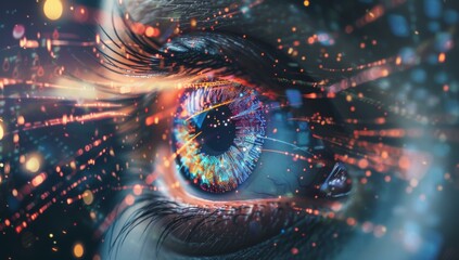 Poster - A close up of a woman's eye with colorful sparks. AI.