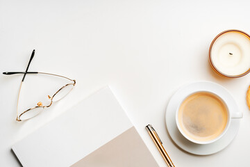 Wall Mural - Blank paper, coffee cup and glasses on white desk