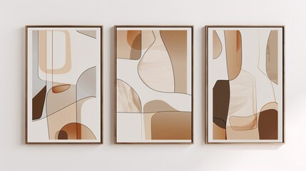 Fototapete - A set of three abstract art posters with minimalistic designs, positioned side by side on a white wall. Each poster features abstract forms in neutral colors, with a focus on negative space and clean